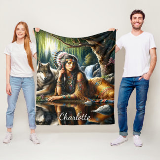 Couverture Polaire Femme indienne fascinante avec un loup loyal