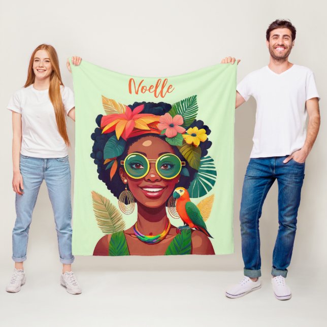Couverture Polaire Femme noire, fleurs tropicales et perroquet (En situation)