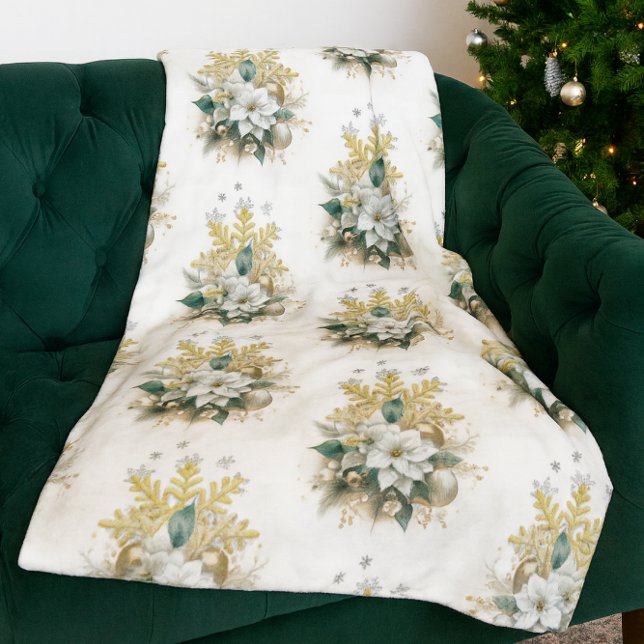 Couverture Polaire Festin blanc Poinsettia Blanche polaire de Noël (Elegant White Christmas fleece blanket with Gold snowflake and white poinsettia floral arrangement. )