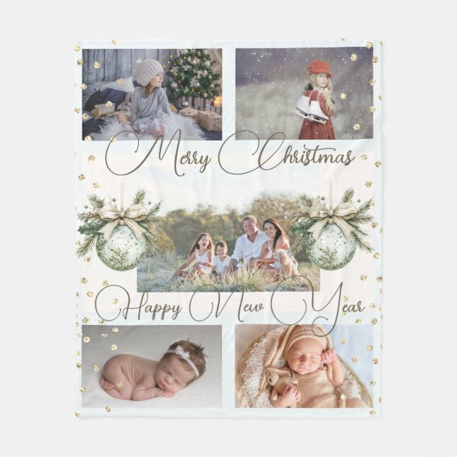 Couverture Polaire Festive Gold Family Collage Photos Noël (Devant)
