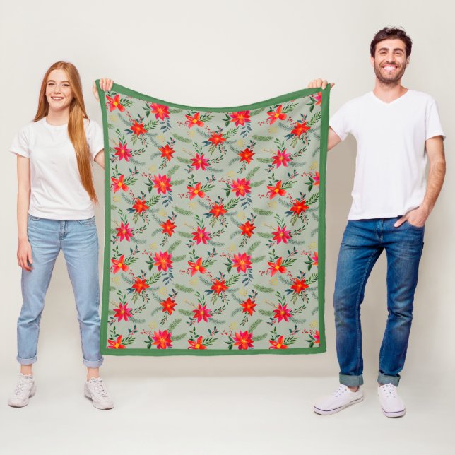 Couverture Polaire Festive Rouge Poinsettia Noël Floral (En situation)