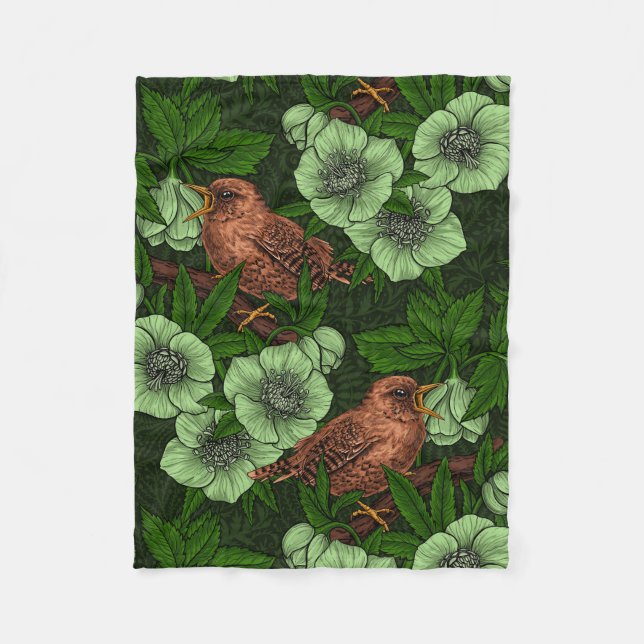 Couverture Polaire Feu et hellebore sur vert foncé (Devant)