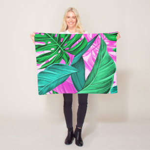 Couverture Polaire Feuille rose et vert tropical lumineux