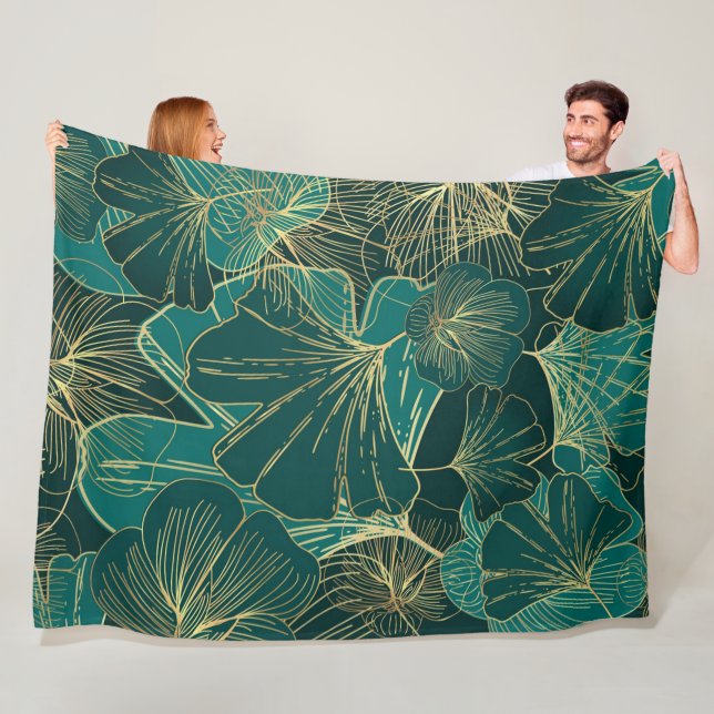 Couverture Polaire Feuilles bleu-vert (En situation)