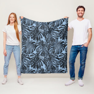 Couverture Polaire Feuilles de jungle noires bleu foncé tropicales
