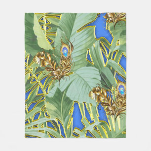 Couverture Polaire Feuilles Golden Peacock sur Cerulean Blue