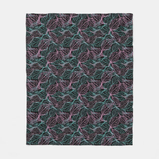 Couverture Polaire Feuilles stylisées rose et turquoise sur fond noir