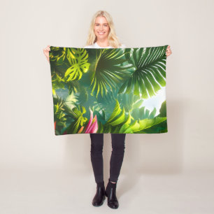 Couverture Polaire Feuilles tropicales colorées et fleurs d'Hibiscus