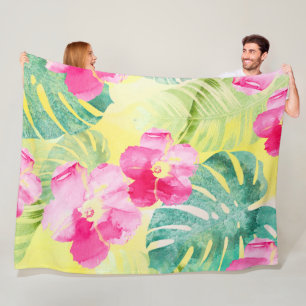 Couverture Polaire Feuilles tropicales et fleurs d'Hibiscus Aquarelle