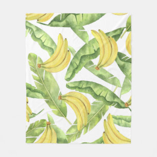 Couverture Polaire Feuilles tropicaux, bananes, motif aquarelle.