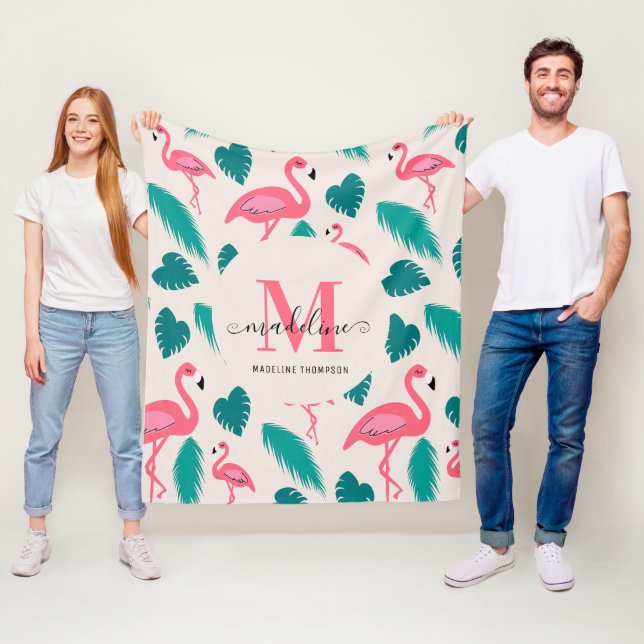 Couverture Polaire Feuilles tropicaux Flamant rose rose chaud Monogra (En situation)