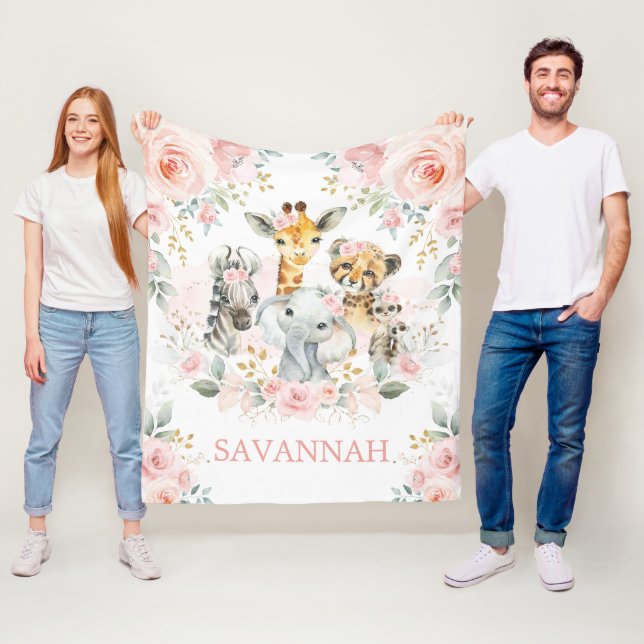 Couverture Polaire Fille Animaux sauvages Blush rose Floral Jungle Ba (En situation)