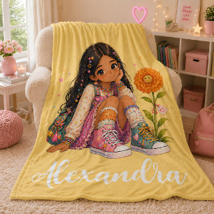 Couverture Polaire Fille aux cheveux bruns personnalisée Nom