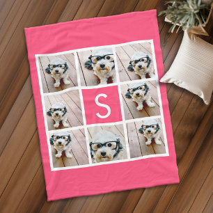 Couverture Polaire Fille Hot Rose 8 Photo Collage Blanc Monogramme