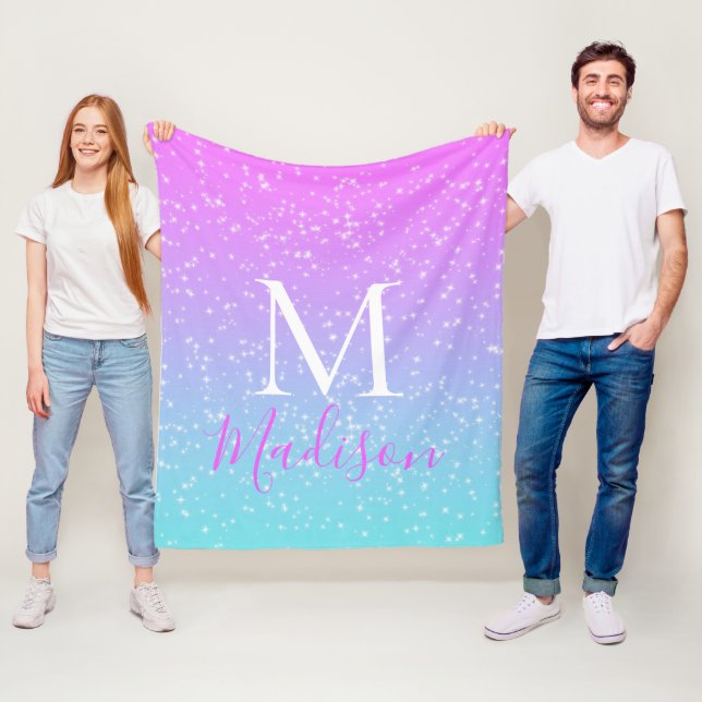 Couverture Polaire Fille rose bleu arc-en-ciel étoile Parties scintil (En situation)