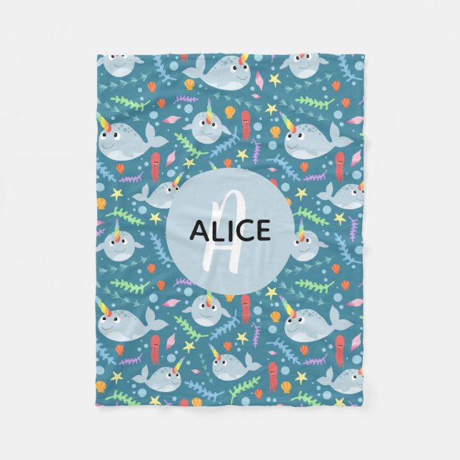 Couverture Polaire Filles à la mode Narwhal Motif Monogramme et nom E (Devant)