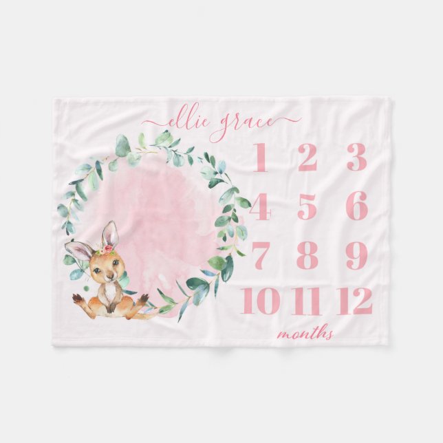 Couverture Polaire Filles Blush Pink Baby Kangaroo Milestone Blanket (Devant (Horizontal))
