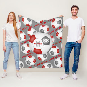 Couverture Polaire filles décoration sportive J'aime soccer rouge gri