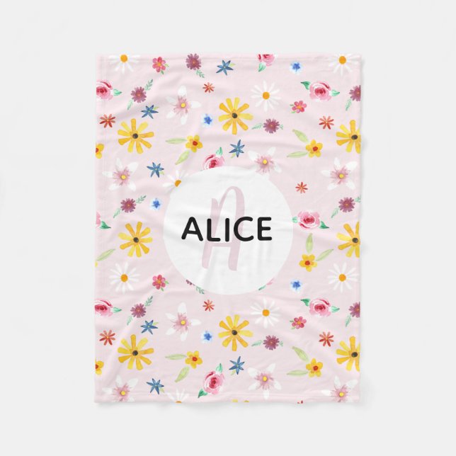 Couverture Polaire Filles Fleurs mignonnes Motif Monogramme et nom En (Devant)