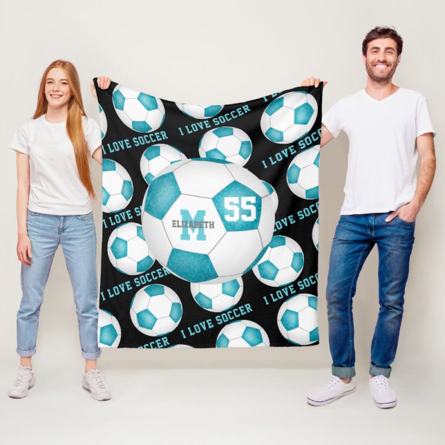 Couverture Polaire filles J'aime texte de football turquoise bleu bla (En situation)