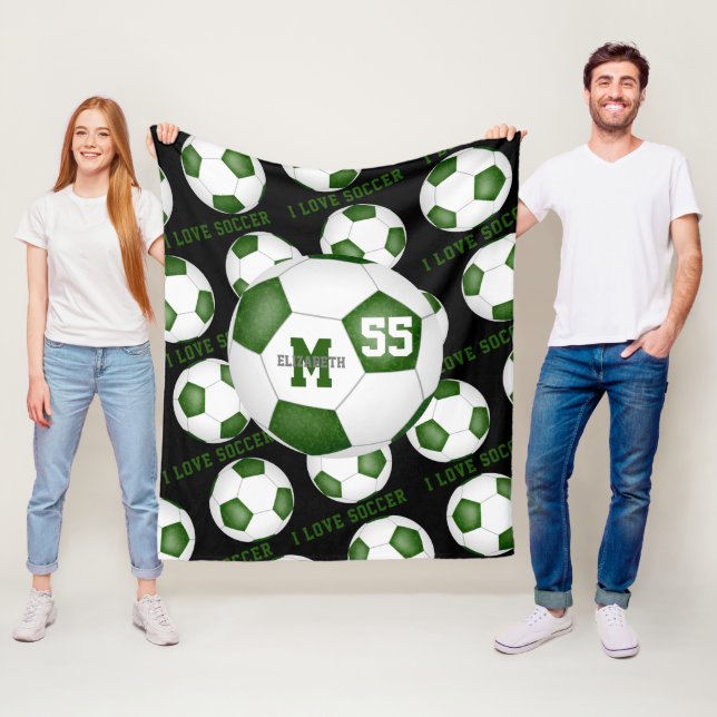 Couverture Polaire filles J'aime texte de football vert blanc noir (En situation)