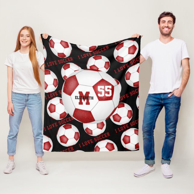 Couverture Polaire filles J'aime texte football rouge blanc noir (En situation)