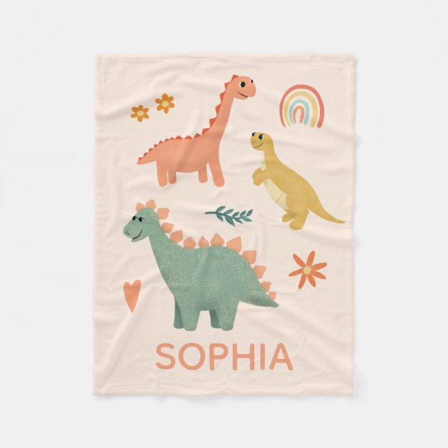 Couverture Polaire Filles mignonnes dinosaures roses et fleurs Enfant (Devant)