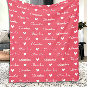 Couverture Polaire Filles répétées Nom Rose et blanc Coeur d'amour