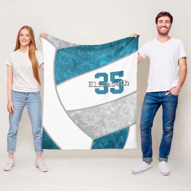 Couverture Polaire filles turquoise gris volley-ball nom personnalisé (En situation)