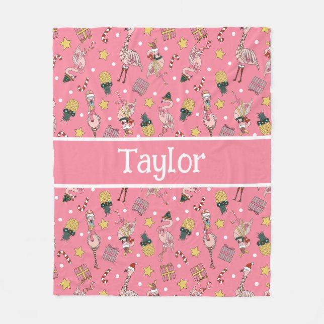 Couverture Polaire Flamant rose de Noël rose mignon et Motif d'ananas (Devant)