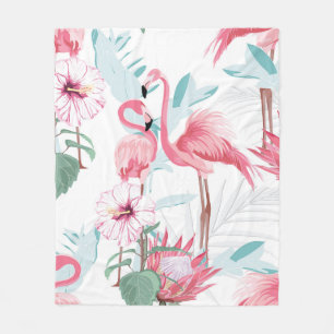 Couverture Polaire flamant rose et fleurs exotiques, feuilles de palm