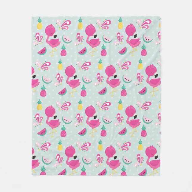 Couverture Polaire Flamant rose rose et fruits tropicaux Motif (Devant)