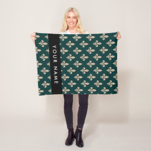 Couverture Polaire Fleur de Lis, Beige sur Vert, Royale, Votre Nom
