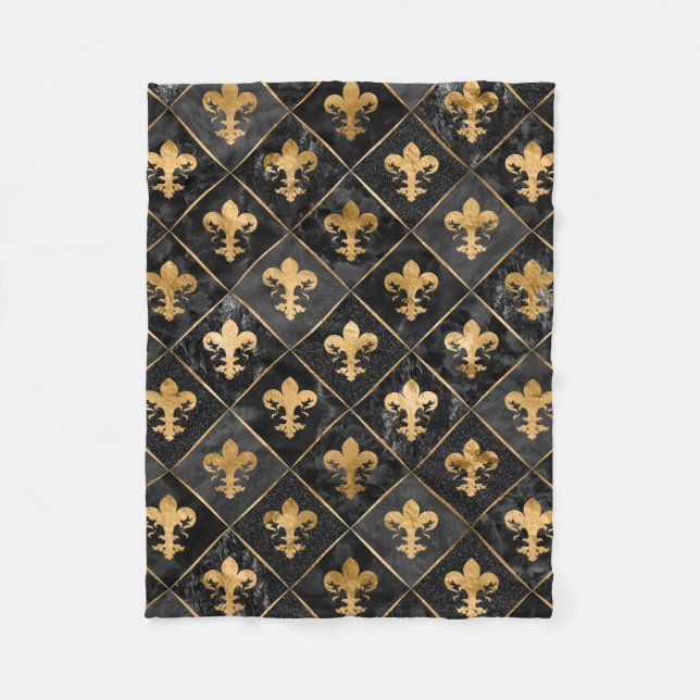 Couverture Polaire Fleur de lis motif Marbre noir et or (Devant)