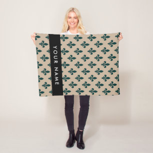 Couverture Polaire Fleur de Lis, Vert sur Beige, Royal, Votre Nom
