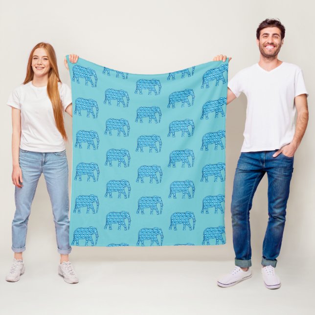 Couverture Polaire Fleur de lotus motif éléphant, turquoise (En situation)