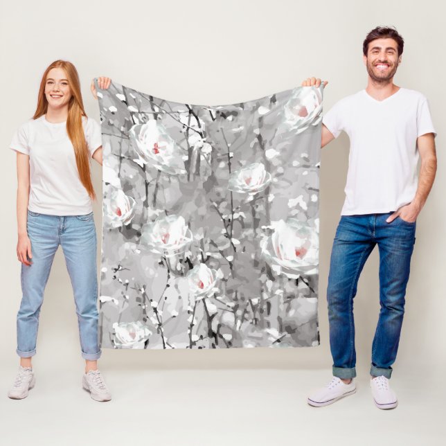 Couverture Polaire Fleur de rose blanche gris floral d'hiver (En situation)