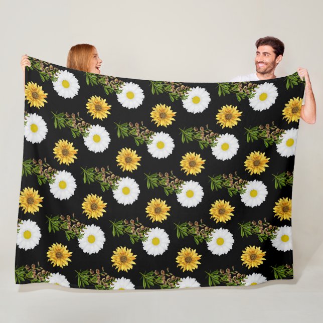 Couverture Polaire Fleur de soleil à marguerite florale sur noir (En situation)