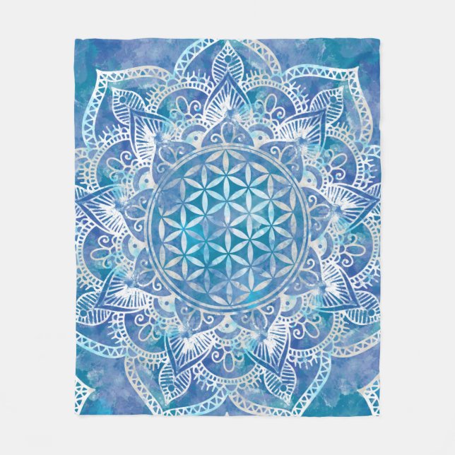 Couverture Polaire Fleur de vie à Lotus - Aquarelle Bleue (Devant)