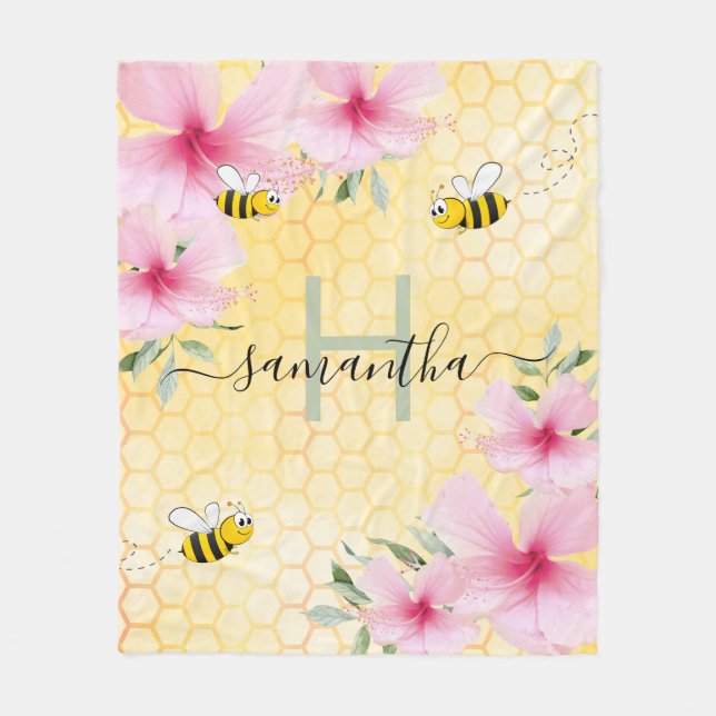 Couverture Polaire Fleur rose abeilles monogramme jaune nid d'abeille (Devant)