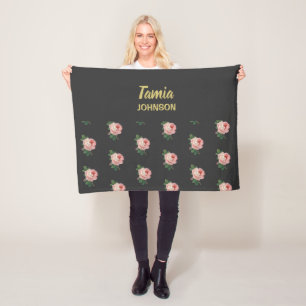 Couverture Polaire Fleur rose nom personnalisé gris