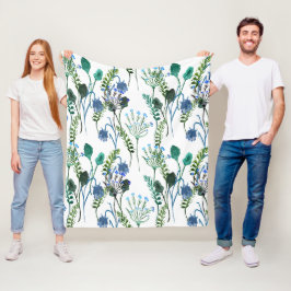Couverture Polaire Fleur sauvage aquarelle bleu vert