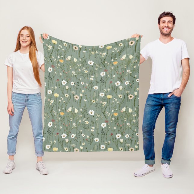 Couverture Polaire Fleur sauvage Dusty Sage Floral Vert (En situation)