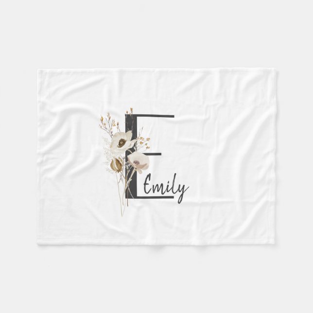 Couverture Polaire Fleur sauvage noire et blanche initiale personnali (Devant (Horizontal))