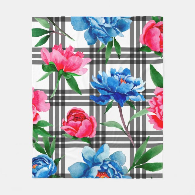 Couverture Polaire Fleur sauvage rouge et bleu pivoines fleurs motif  (Devant)