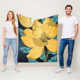 Couverture Polaire Fleuron doré avec Feuilles Turquoises Floral Abstr