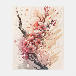 Couverture Polaire Fleurs aquarelle cerisier rose rouge floral