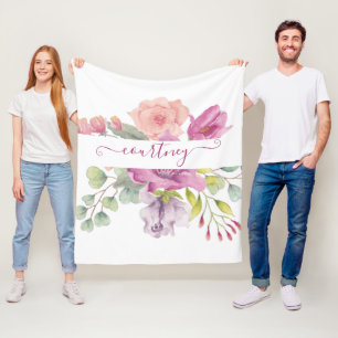 Couverture Polaire Fleurs aquarelles rose et pêche personnalisées  