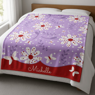 Couverture Polaire Fleurs blanches à pois rouges sur fond violet