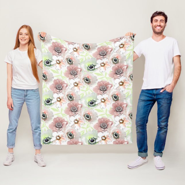 Couverture Polaire Fleurs blanches et roses.  (En situation)